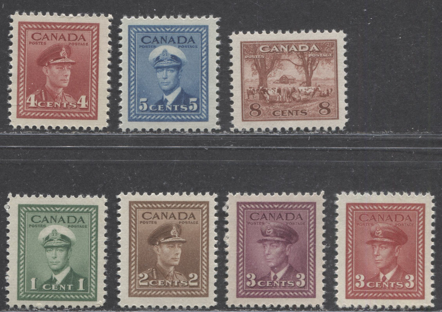 Lot 111 Canada #249-256 1c - 8c Green - Red Brown King George VI - Farm Scene, 1942-1943 War Issue, 7 VFNH Singles On Cream Gum With Various Papers