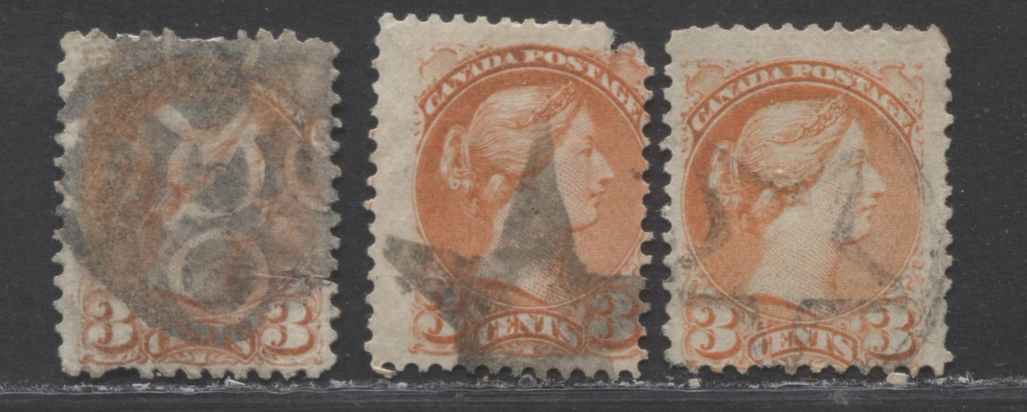 Lot 409 Canada #37 3c Orange Red Queen Victoria, 1870-1897 Small Queen Issue, Three Fair and Fine Used Examples Montreal, Various Perfs, Soft and Stout Horizontal Wove and Soft Vertical Wove, With Better Fancy Star and Nested Circles Cancels