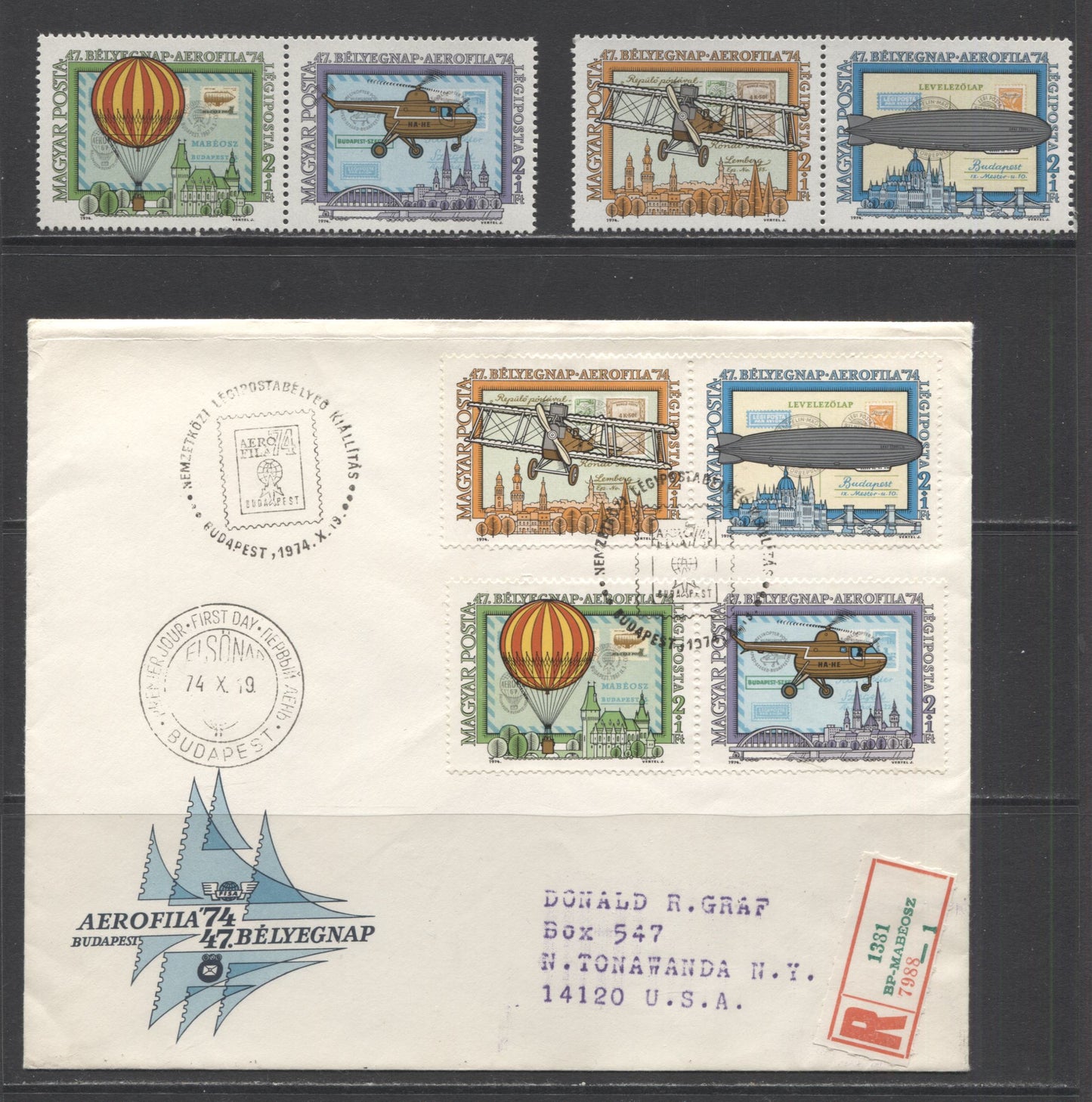 Lot 112 Hungary SC#CB32-CB36 1974 Aerophilia Airmail Semipostal Issue, A VFNH Range Of Pairs & Perf/Imperf Souvenir Sheets & FDC's, 2017 Scott Cat. $26.5 USD, Click on Listing to See ALL Pictures