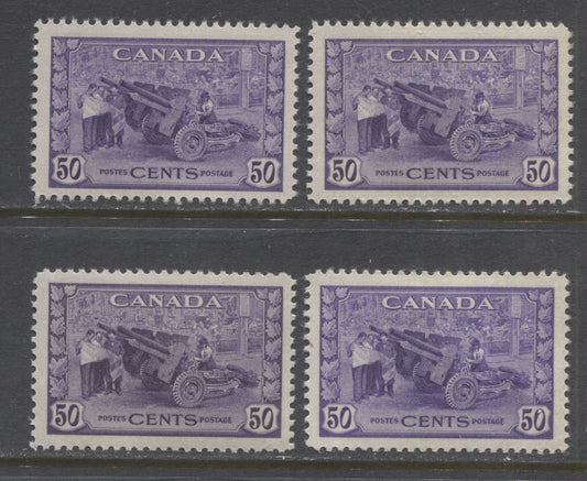 Lot 112 Canada #261 50c Violet, Munitions Factory 1942-1943 War Issue, 4 VFLH Singles, 4 Different Printings With Different Gums, Papers & Shades