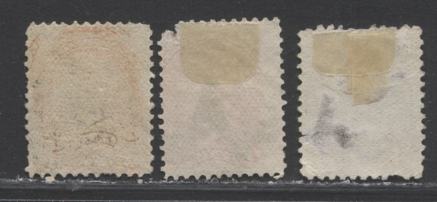 Lot 409 Canada #37 3c Orange Red Queen Victoria, 1870-1897 Small Queen Issue, Three Fair and Fine Used Examples Montreal, Various Perfs, Soft and Stout Horizontal Wove and Soft Vertical Wove, With Better Fancy Star and Nested Circles Cancels