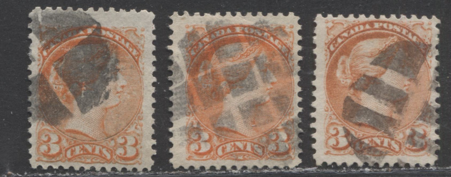 Lot 410 Canada #37 3c Orange Red Queen Victoria, 1870-1897 Small Queen Issue, Three Fine Used Examples Montreal, Various Perfs, Stout Vertical Wove and Soft Horizontal Wove, With Segmented Cork Cancels