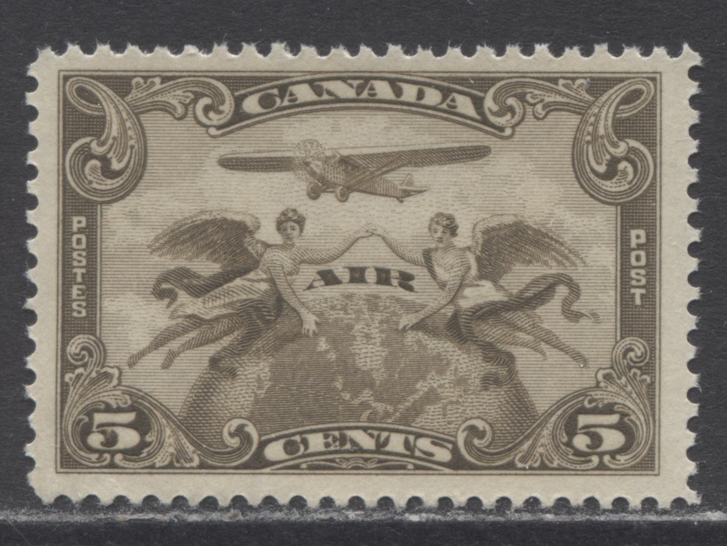 Lot 115 Canada #C1 5c Brown Olive Winged Figures Against Globe, 1928 Air Mail Issue, A VFNH Single