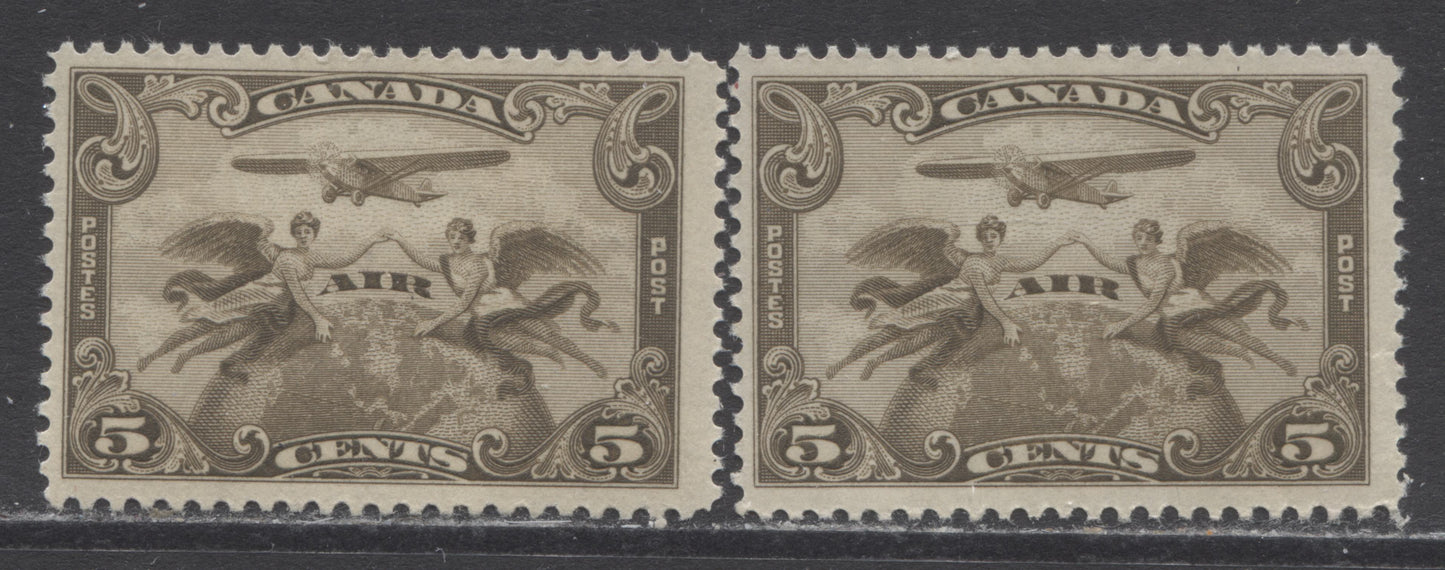 Lot 116 Canada #C1 5c Brown Olive Winged Figures Against Globe, 1928 Air Mail Issue, 2 FNH Singles