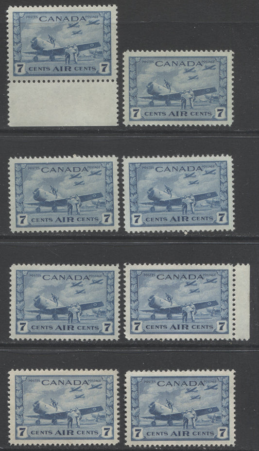 Lot 117 Canada #C8 7c Deep Blue Air Training Plan, 1942-1943 Air Mail War Issue, 8 VFNH Singles, 8 Different Printings With Different Shades, Papers & Gums