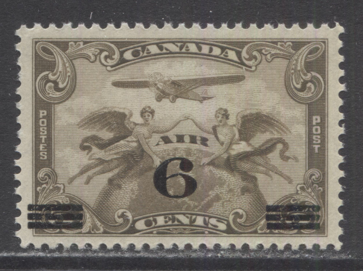 Lot 117 Canada #C3 6c On 5c Brown Olive Surcharged Winged Figures Against Glove, 1932 Air Mail Issue, A VFNH Single