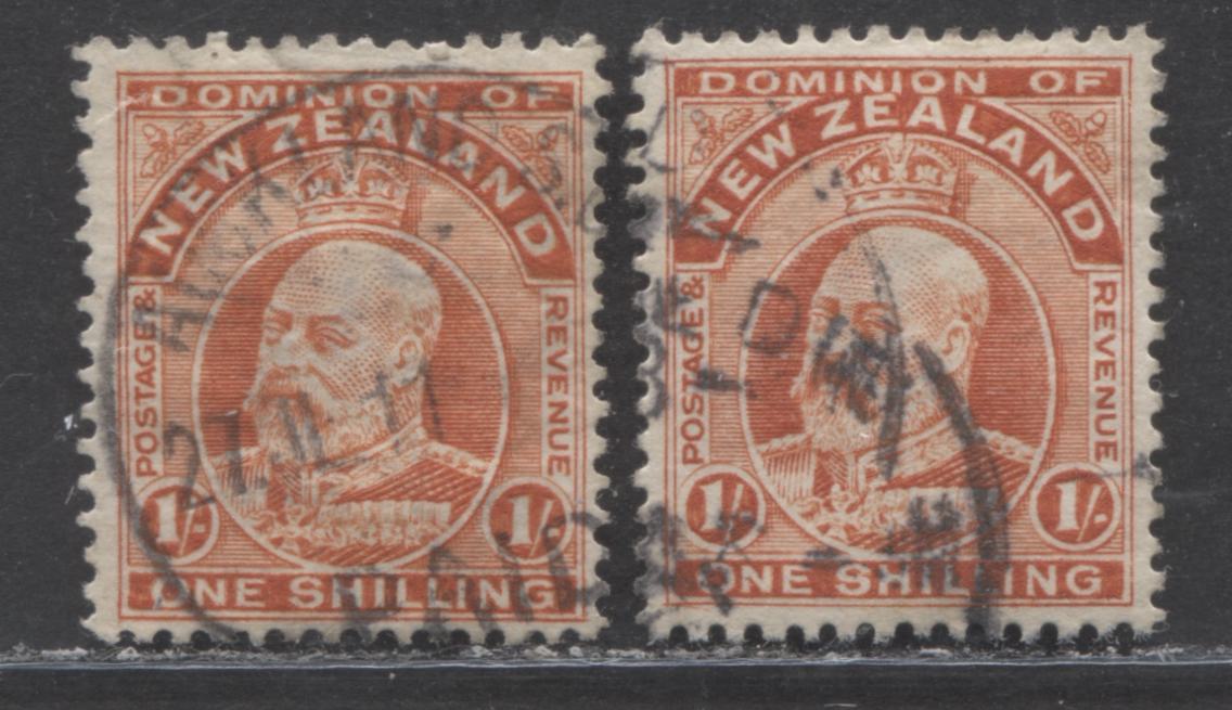 Lot 118 New Zealand SC#139 1/- Orange Vermilion, Perf 14 x 14.5 1909-1916 King Edward VII Definitive Issue, Two F/VF Used Examples, Different Perfs, 2022 Scott Classic Cat. $19 USD, Click on Listing to See ALL Pictures