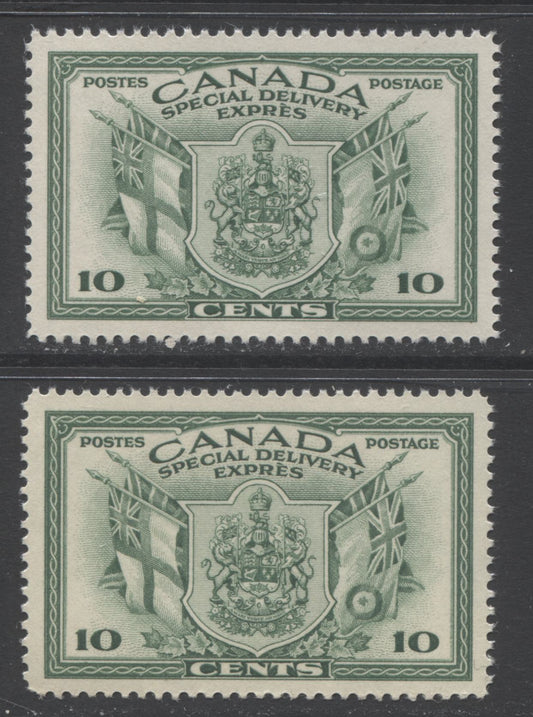 Lot 119 Canada #E10 10c Green Flags, 1942-1943 Special Delivery War Issue, 2 VFNH Singles, 2 Different Printings, Slightly Different Shades & Gums