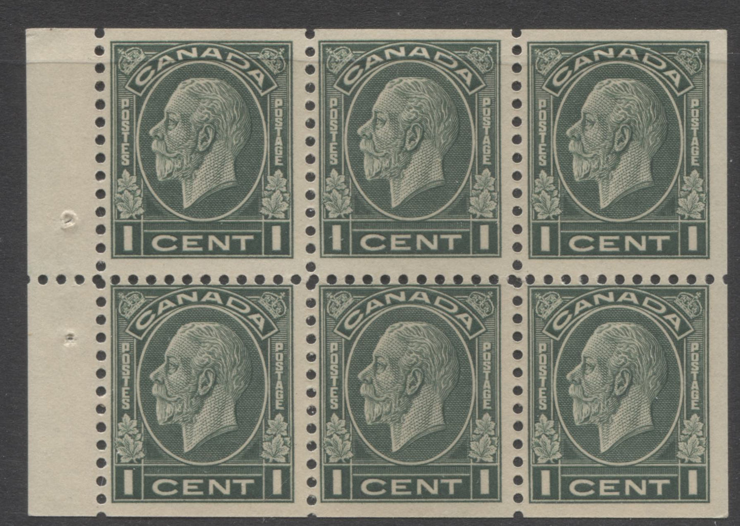 Lot 119 Canada #195b 1c Deep Green (Dark Green) King George V, 1932 Medallion Issue, A FNH Booklet Pane Of 6 With Deep Cream Gum