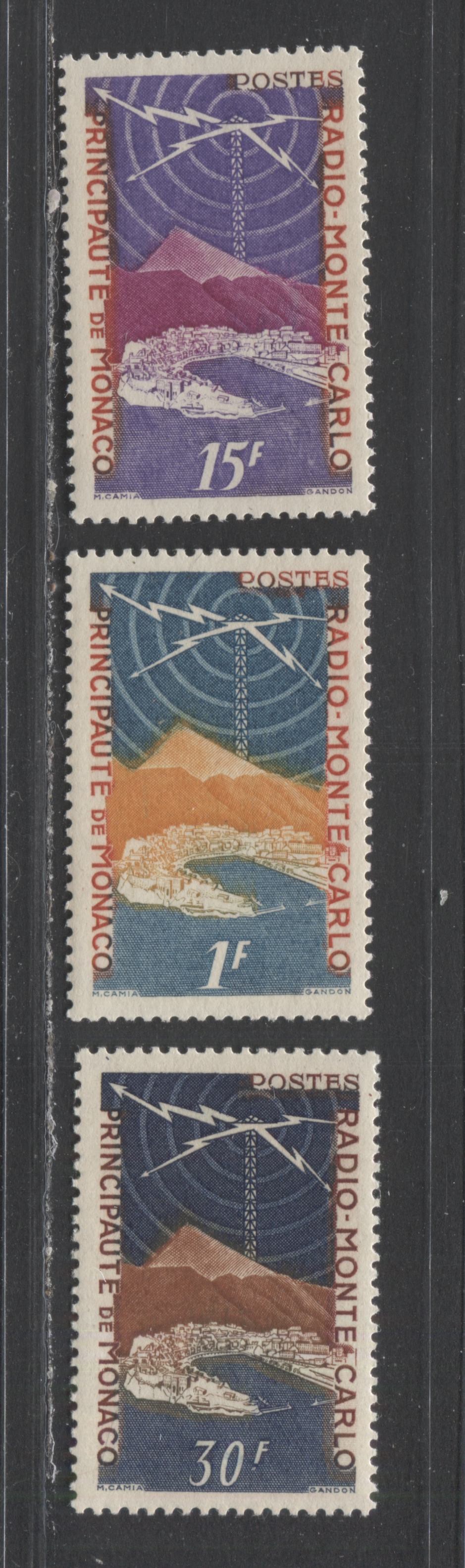 Lot 119 Monaco SC#280-282 1951 Radio Monte-Carlo Issue, A VFOG Range Of Singles, 2017 Scott Cat. $25.25 USD, Click on Listing to See ALL Pictures