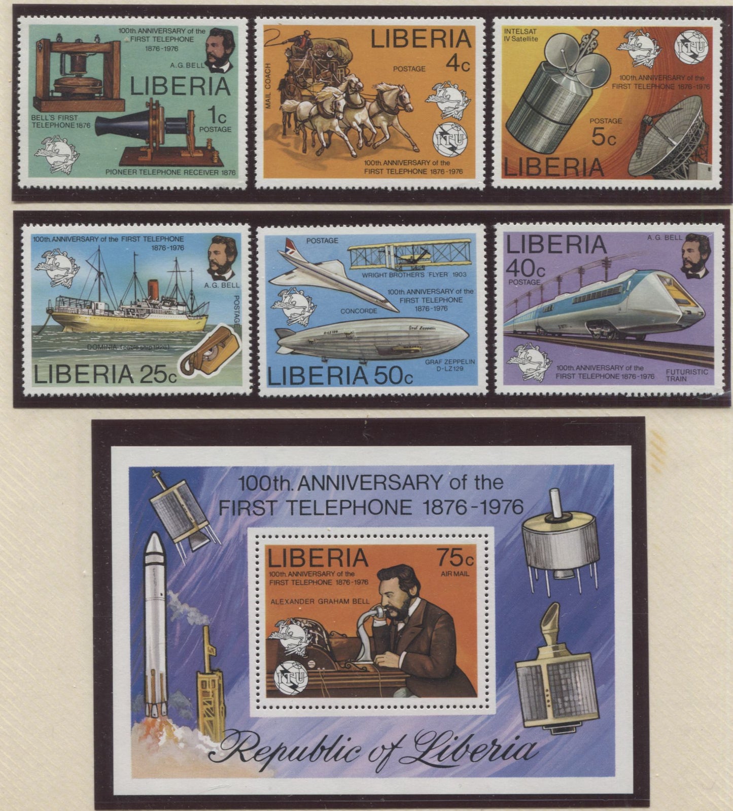 Lot 119 Liberia SC#742/C212 1976-1978 Telephone Centenary & Aviation, A VFNH Range Of Singles & Souvenir Sheets, 2017 Scott Cat. $12.45 USD, Click on Listing to See ALL Pictures