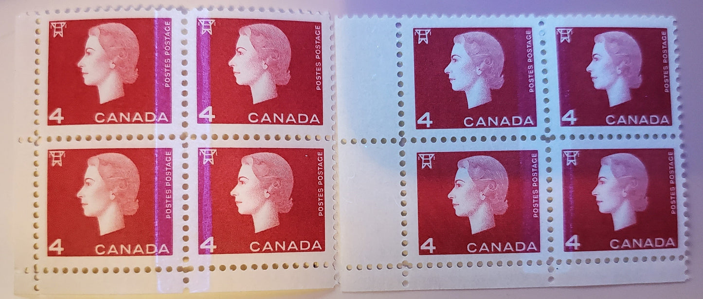 Lot 119 Canada #404v 4c Carmine Electricity, 1962-1963 Cameo Issue, 2 VFNH LL Field Stock Blocks Of 4 With Wide & Narrow Selvedges, NF Tagged With 5x9mm Bars/Pane