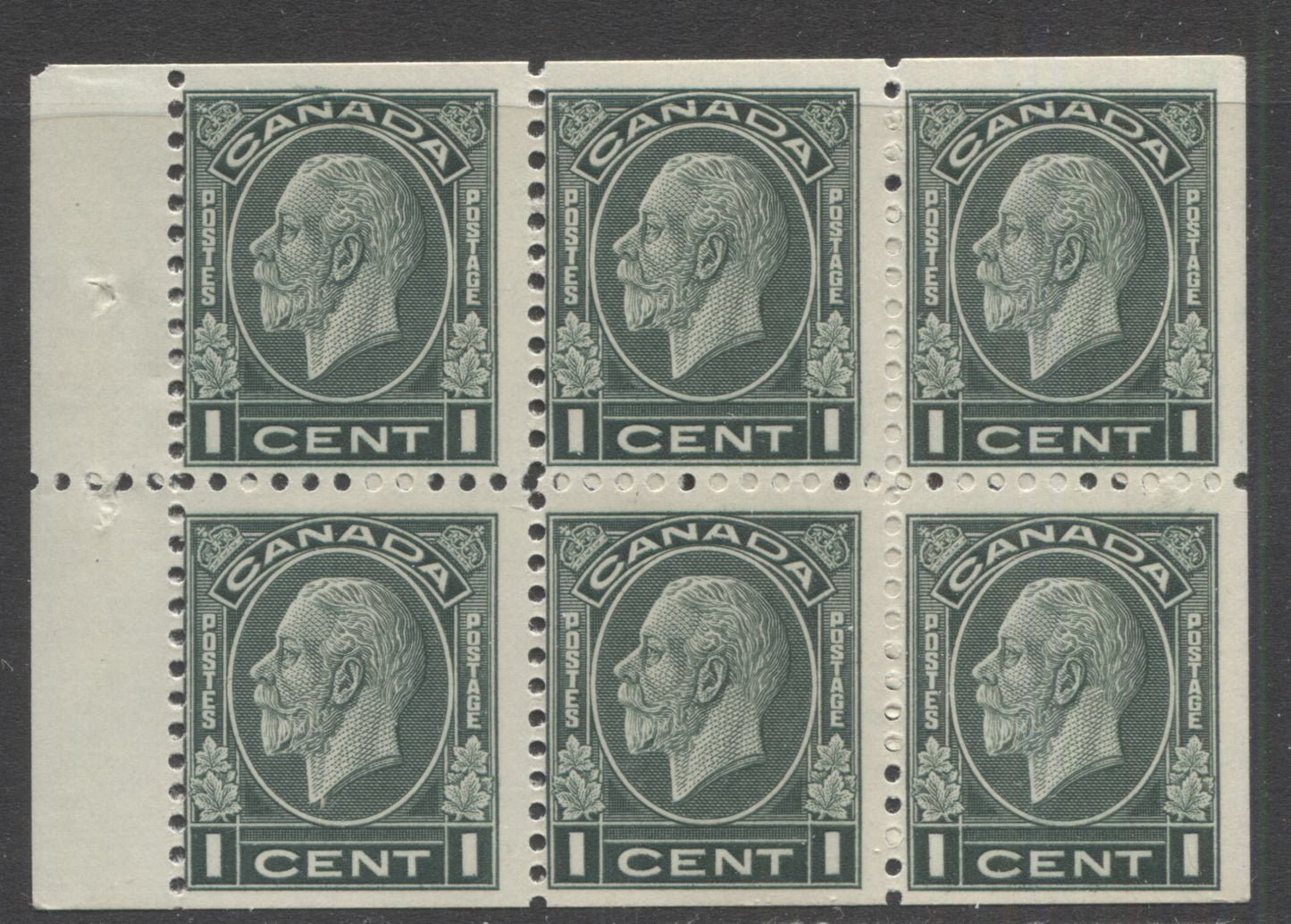 Lot 120 Canada #195b 1c Myrtle Green (Dark Green) King George V, 1932 Medallion Issue, A FNH Booklet Pane Of 6 With Cream Gum