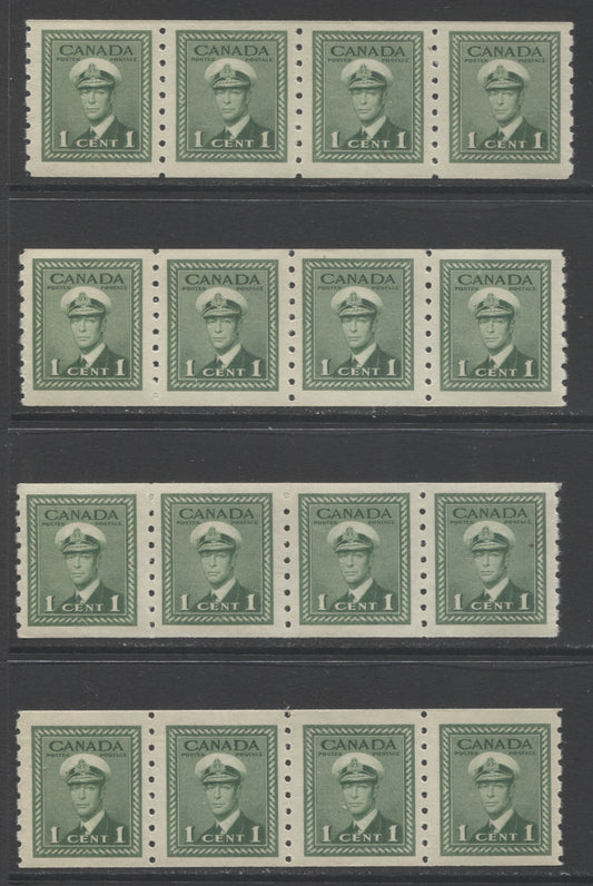 Lot 120 Canada #263 1c Green King George VI, 1942-1943 War Issue Coils, 4 VFNH Coil Strips Of 4, 4 Different Printings With Different Papers & Gums