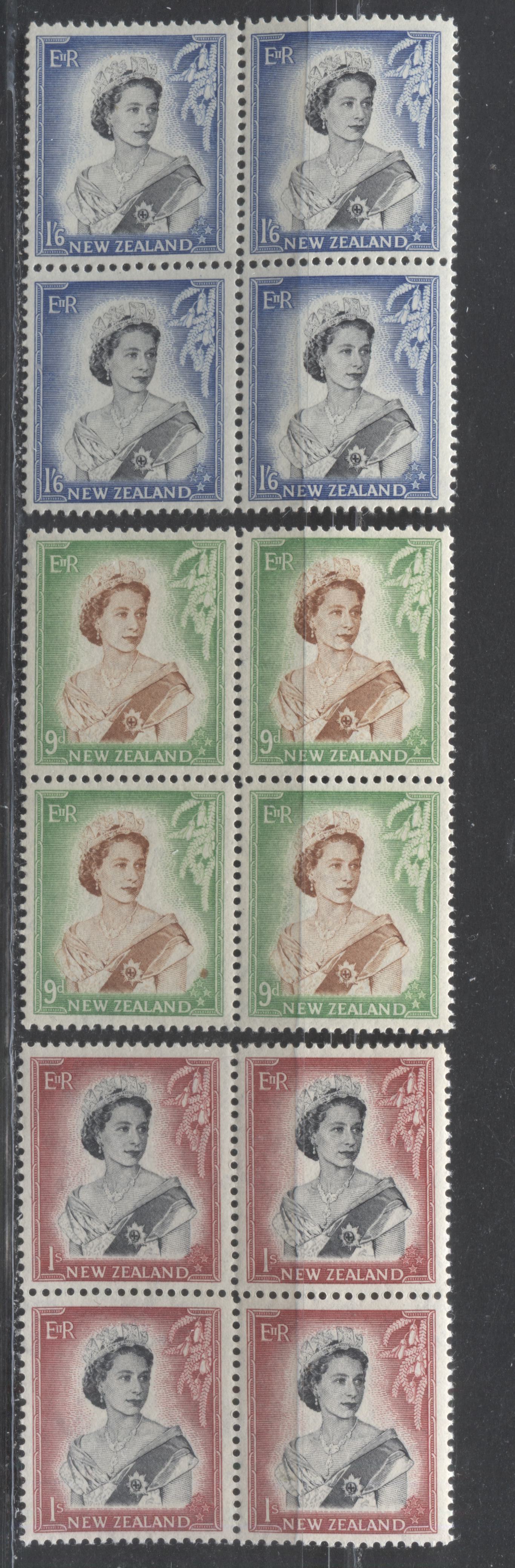 Lot 120 New Zealand SC#296-298 1953-1957 Queen Elizabeth II Definitives, A F/VFNH Range Of Blocks Of 4, 2017 Scott Cat. $11.2 USD, Click on Listing to See ALL Pictures