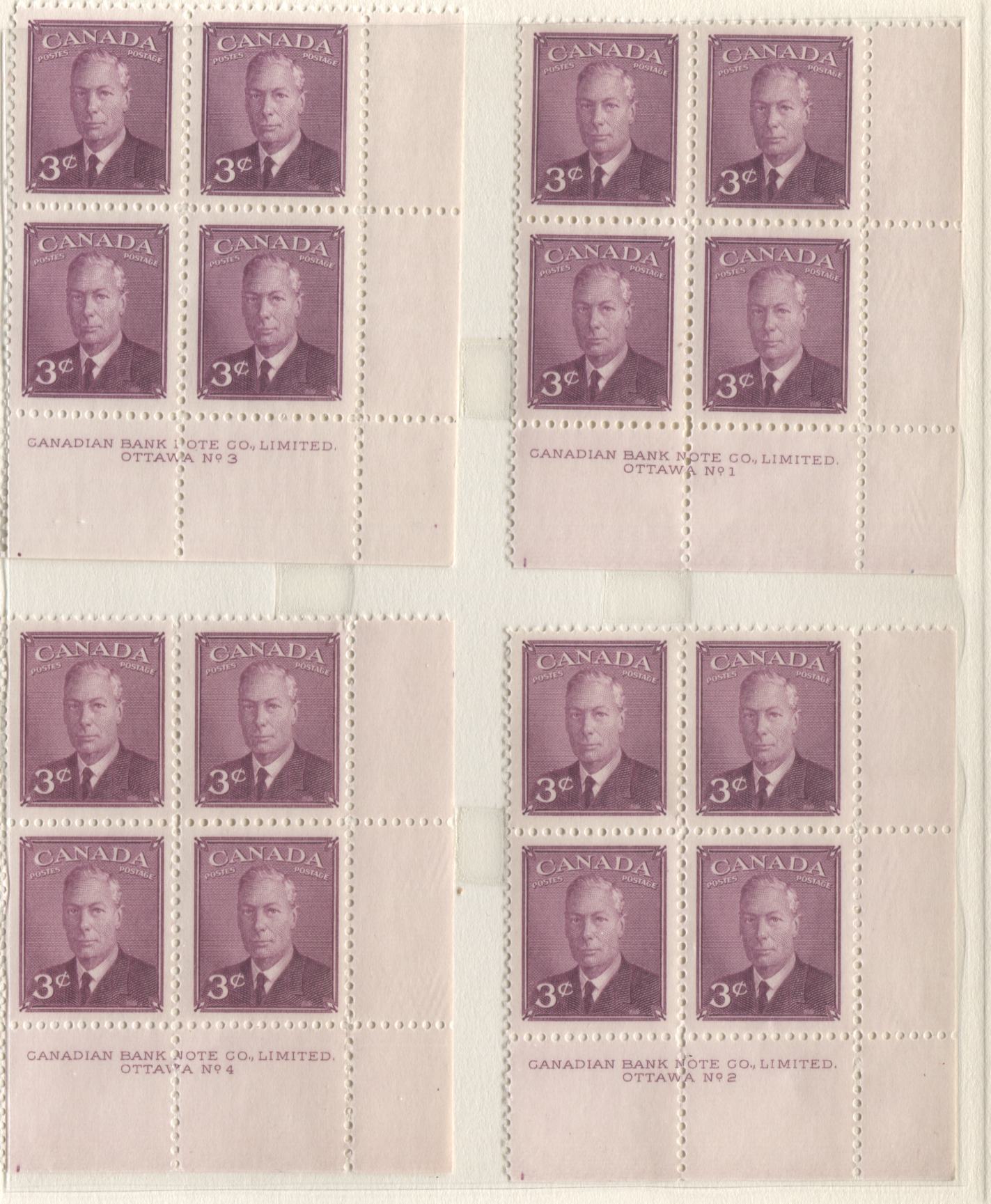 Lot 12 Canada #286 3c Rose Violet King George VI, 1949 Postes-Postage Issue, 8 VFNH LR Plates 1-8 Blocks Of 4