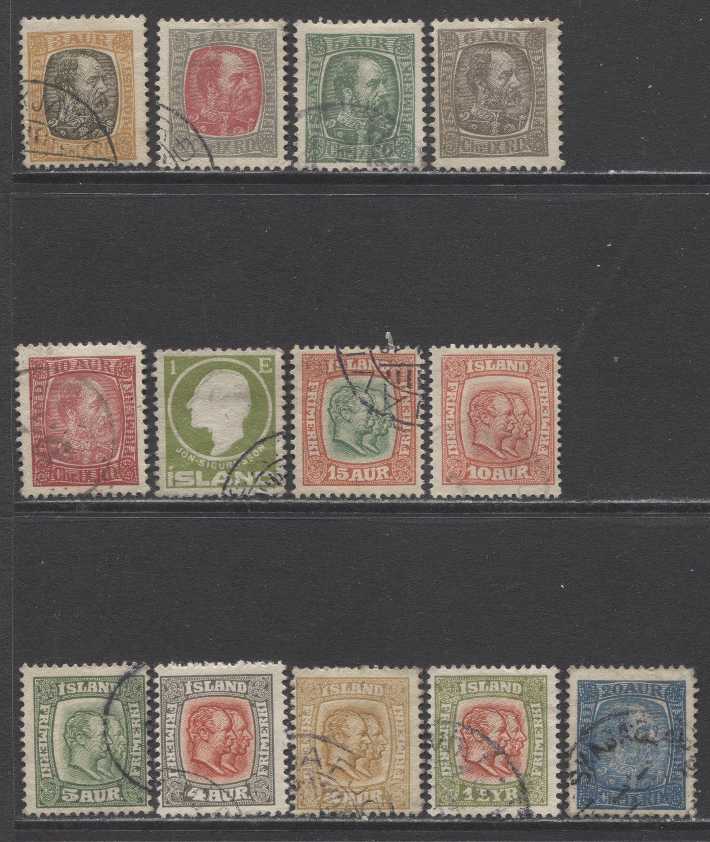 Lot 12 Iceland SC#37/O13 1902-1911 Christian IX & Jon Sigurdsson Issues, A F/VF Used Range Of Singles, 2017 Scott Cat. $36.75 USD, Click on Listing to See ALL Pictures