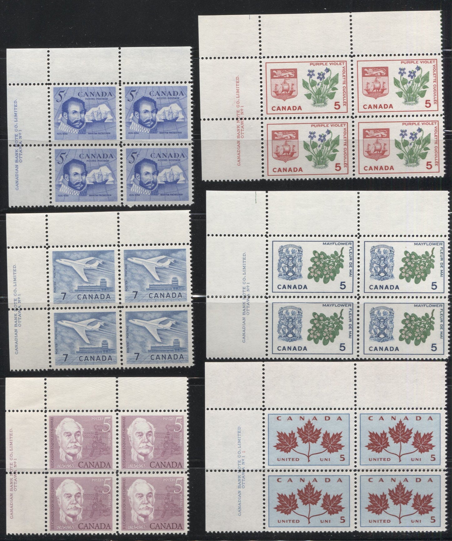 Lot 13 Canada #410, 412-414, 416-420 5c & 7c Rose Lilac - Blue Sir Casimir Gzowski - Jet Plane, 1963-1966 Commemoratives & Definitives, 9 VFNH UL Plate 1 Blocks Of 4, 417 With Fluorescent Ink