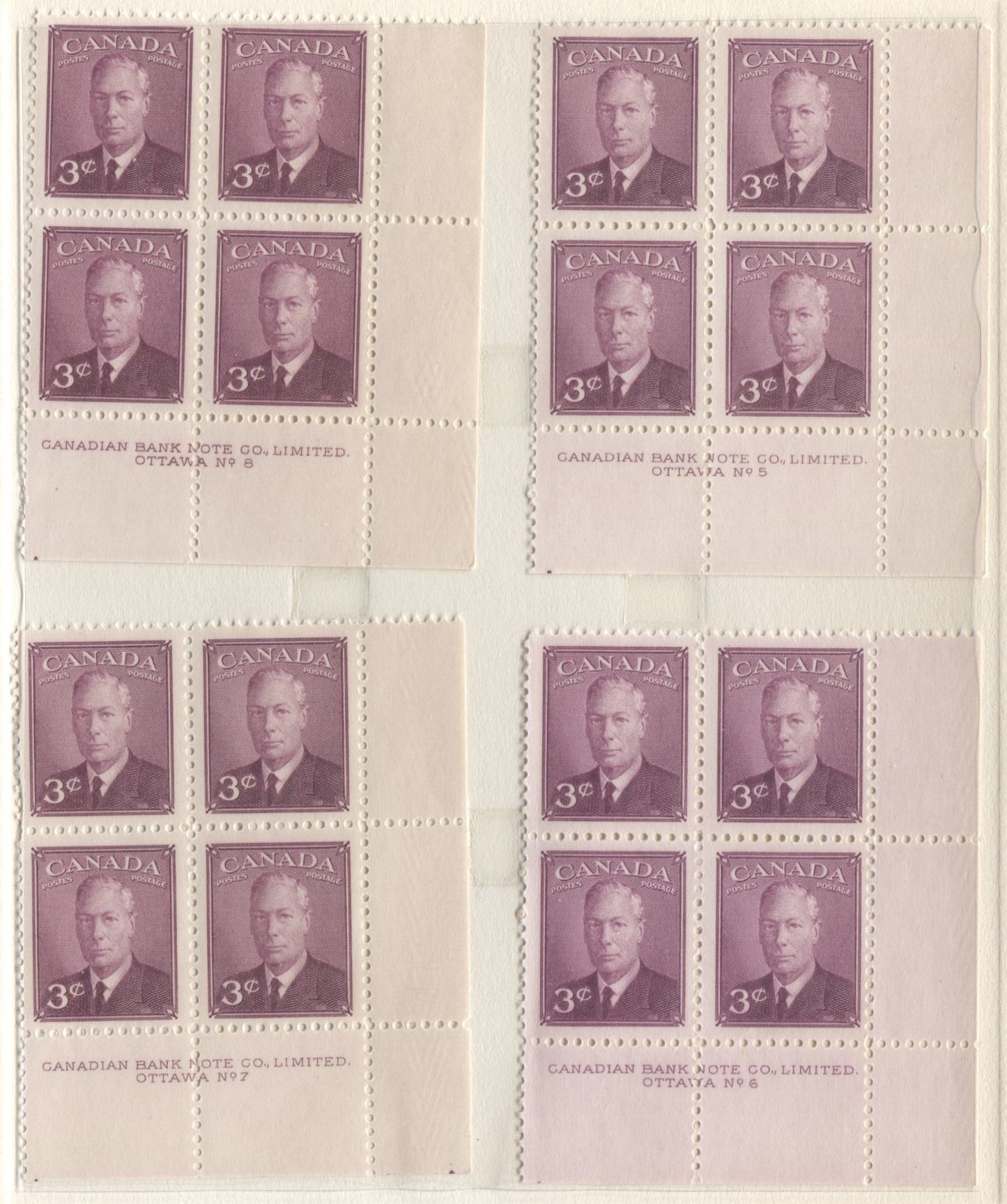 Lot 12 Canada #286 3c Rose Violet King George VI, 1949 Postes-Postage Issue, 8 VFNH LR Plates 1-8 Blocks Of 4