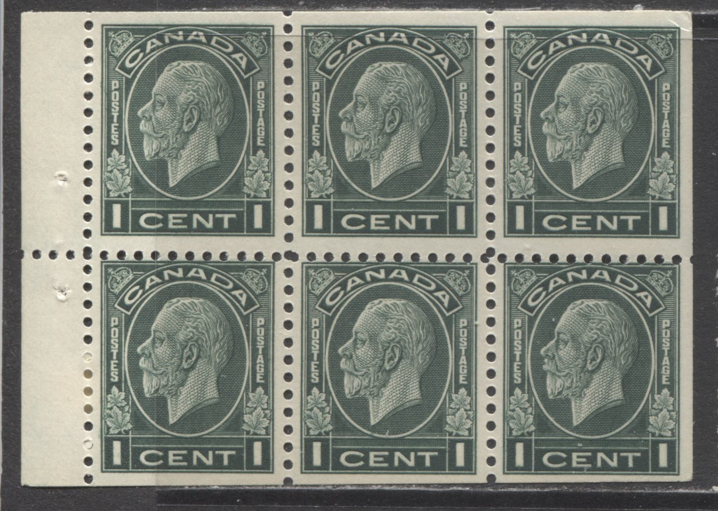 Lot 121 Canada #195b 1c Deep Bluish Green (Dark Green) King George V, 1932 Medallion Issue, A FNH Booklet Pane Of 6 With Cream Gum