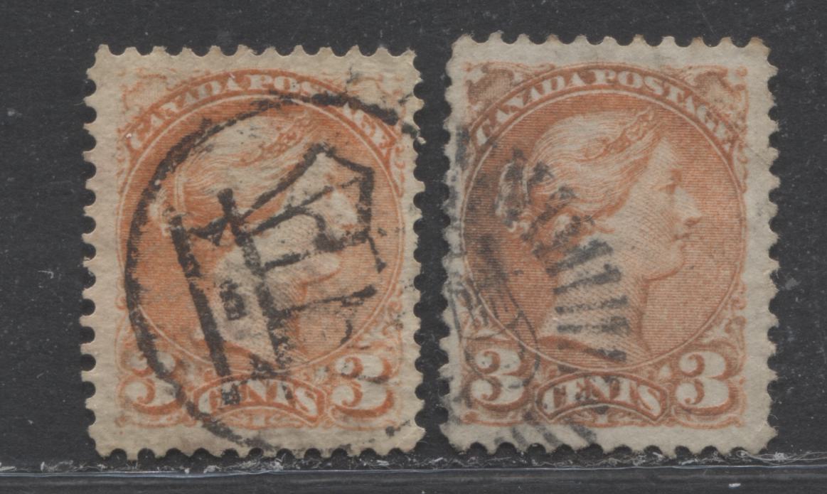 Lot 121 Canada #37 3c Orange Red Queen Victoria, 1870-1897 Small Queen Issue, Two Fine Used Examples Montreal, Various Perfs, Stout Horizontal and Vertical Wove, With Ottawa and BC Crown Cancels