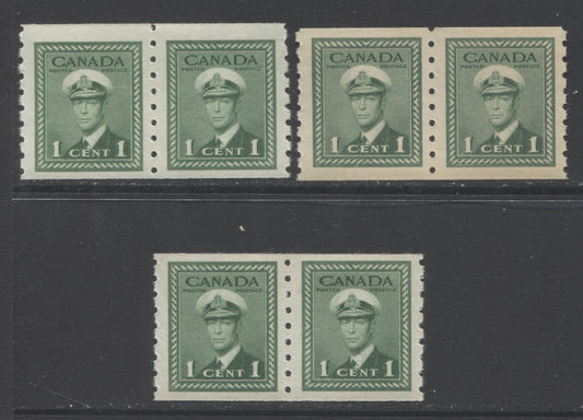 Lot 122 Canada #263 1c Green King George VI, 1942-1943 War Issue Coils, 3 VFNH Coil Pairs, 3 Printings With Different Papers & Gums