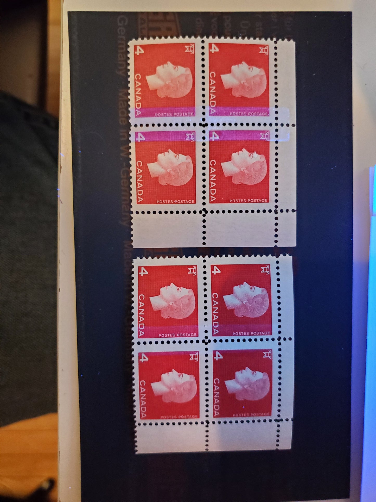 Lot 13 Canada #404v, 404x 4c Carmine, 1962-1963 Queen Elizabeth - Cameo Issue, 2 VFNH Blocks Of 4 With Light Tagging, 5x9mm & 6x8mm Bars/Pane. DF Paper With Smooth Dex Gum