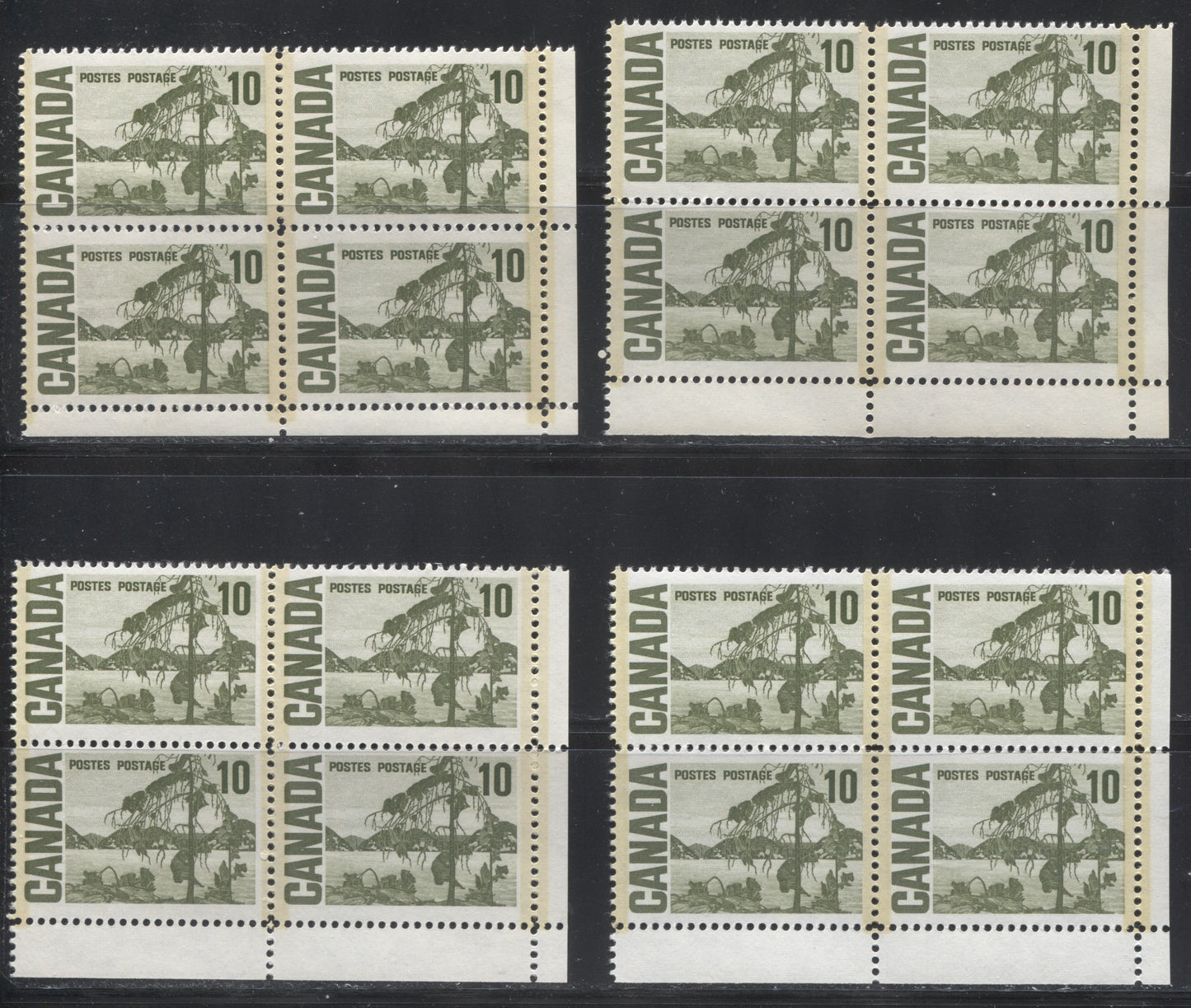 Lot 123 Canada #462piii 10c Olive Green Jack Pine, 1967-1973 Centennial Definitive Issue, Four F/VFNH UR GT2 Tagged Field Stock Blocks Of 4 On LF & MF Vertical Wove Paper Fluorescent Inks, With PVA Gums And Different Tagging Intensities