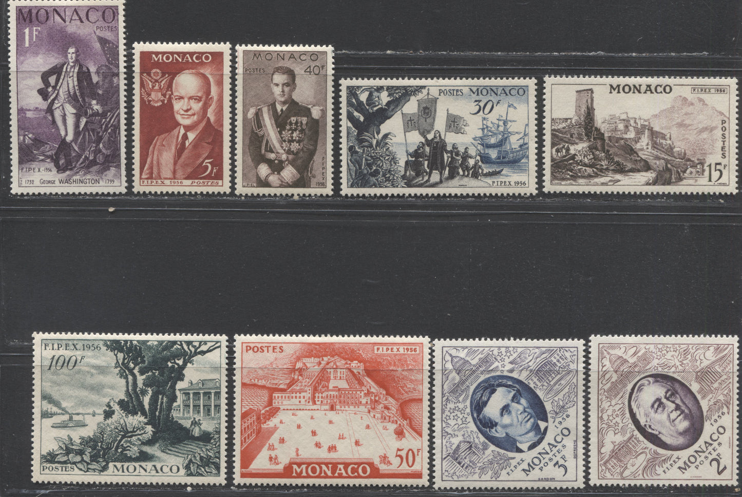 Lot 123 Monaco SC#354-362 1956 FIPEX Issue, A VFOG Range Of Singles, 2017 Scott Cat. $20 USD, Click on Listing to See ALL Pictures