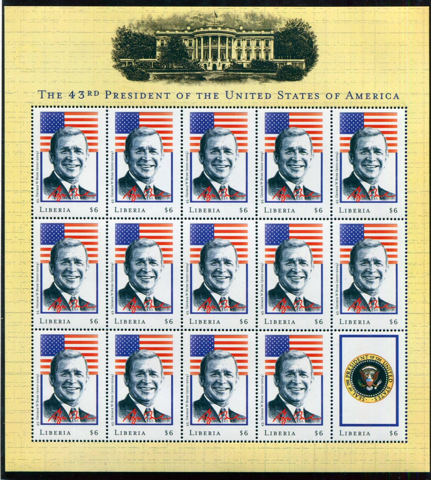 Lot 123 Liberia, Unissued 2000 43rd President Of The USA Issue, Two VFNH Miniature sheets, Unlisted in Scott, Net Est. $25-$30, Click on Listing to See ALL Pictures