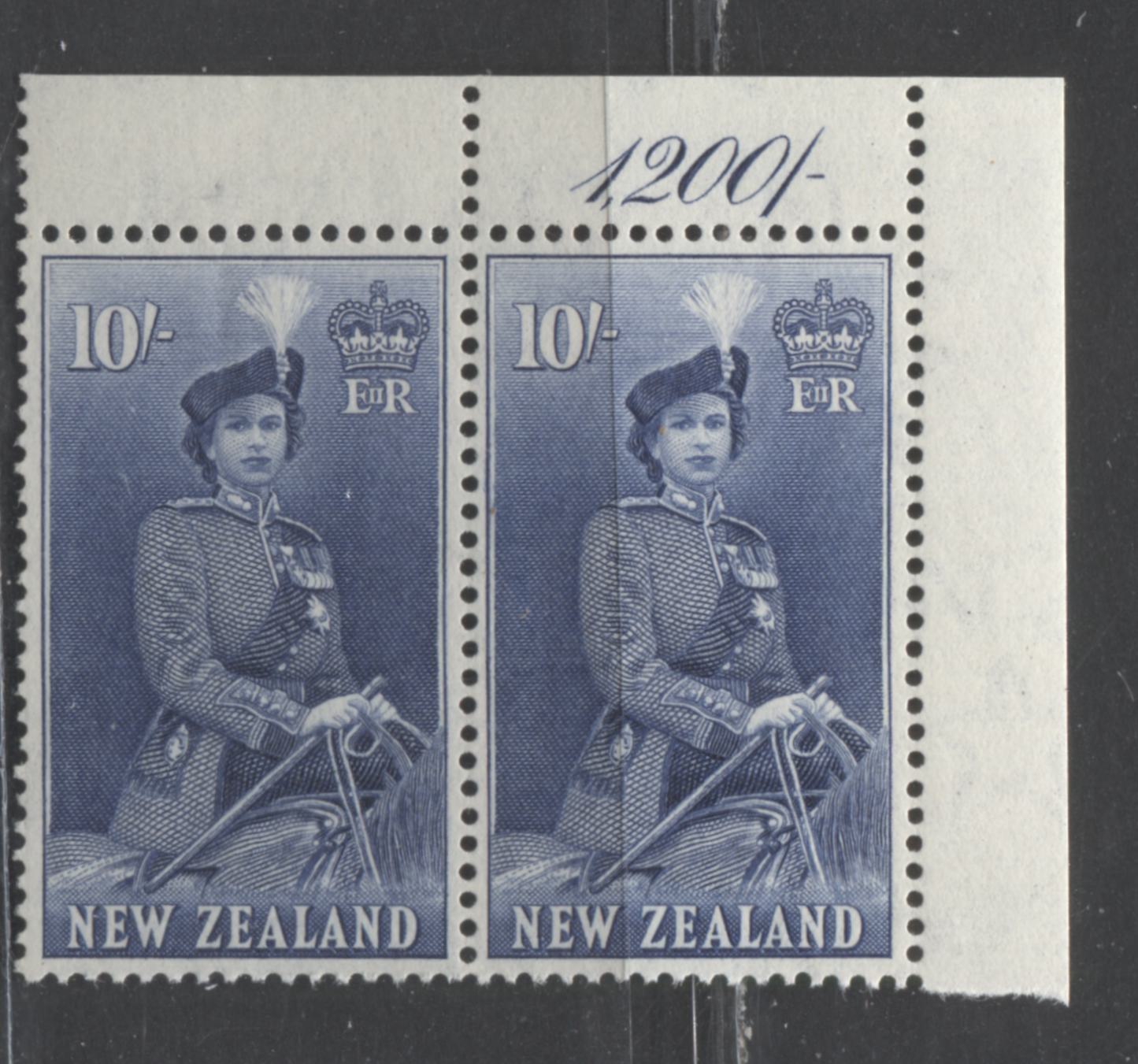 Lot 123 New Zealand SC#301 10/- Dark Blue Imprint Pair 1953-1957 Queen Elizabeth II Definitives, A VFNH Example, 2017 Scott Cat. $100 USD, Click on Listing to See ALL Pictures