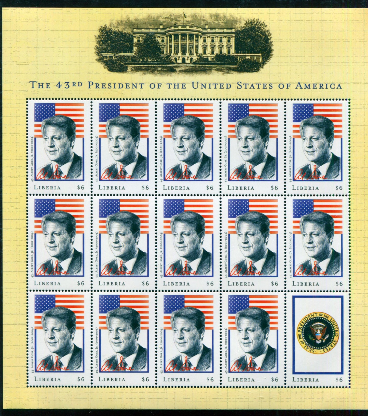 Lot 123 Liberia, Unissued 2000 43rd President Of The USA Issue, Two VFNH Miniature sheets, Unlisted in Scott, Net Est. $25-$30, Click on Listing to See ALL Pictures