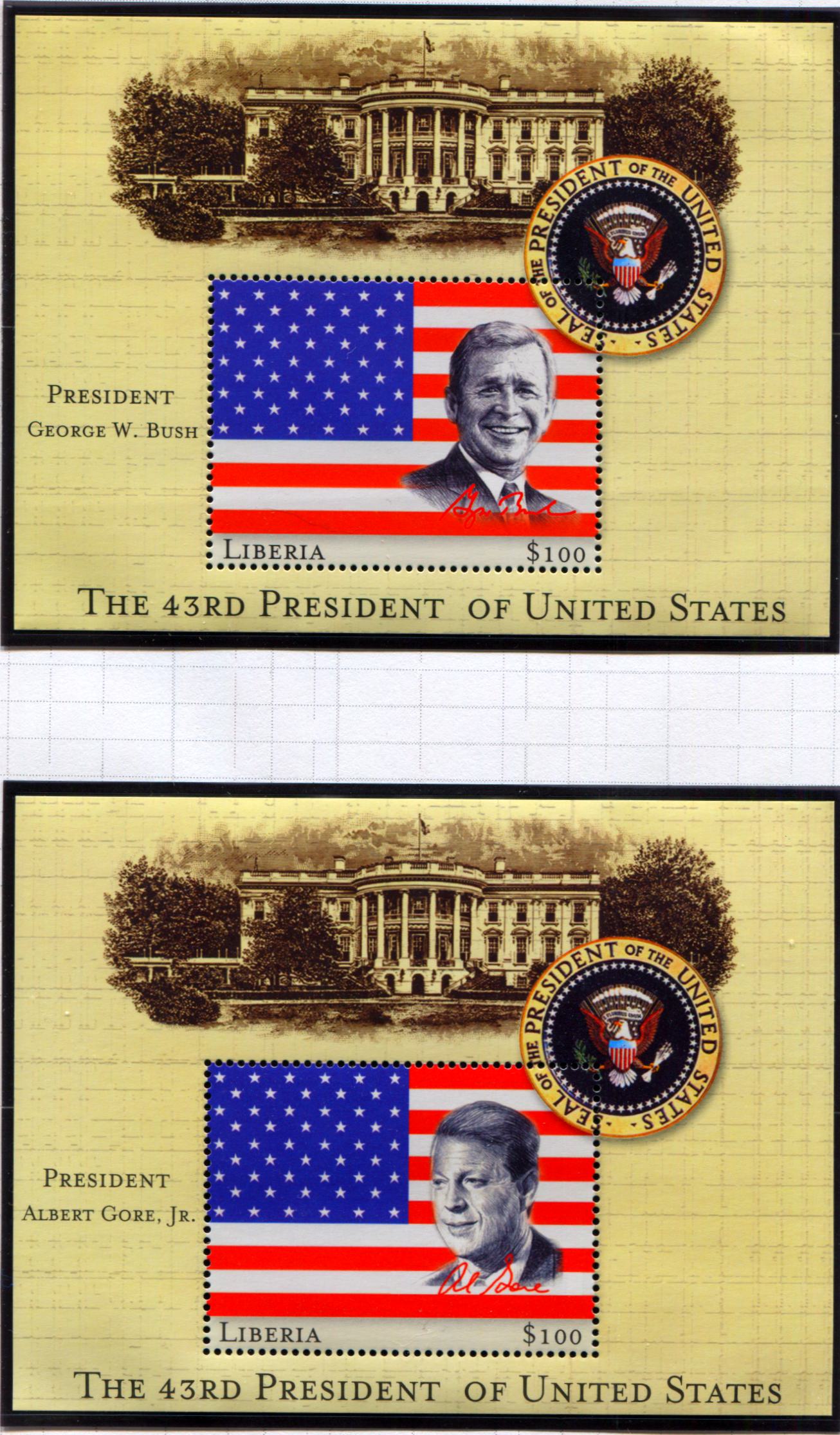 Lot 123 Liberia, Unissued 2000 43rd President Of The USA Issue, Two VFNH Miniature sheets, Unlisted in Scott, Net Est. $25-$30, Click on Listing to See ALL Pictures