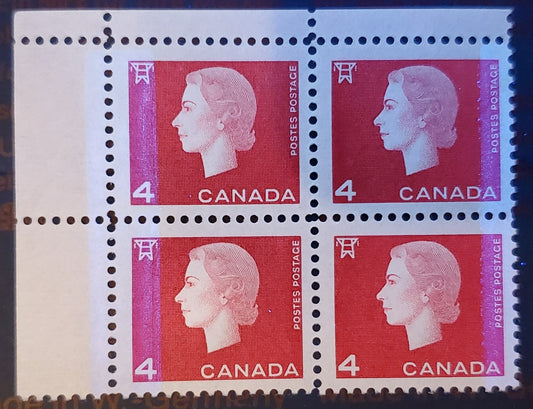 Lot 2 Canada #404vi 4c Carmine, 1962-1963 Queen Elizabeth - Cameo Issue, A VFNH Block Of 4 Winnipeg Tagged With 6x8mm Bars/Pane