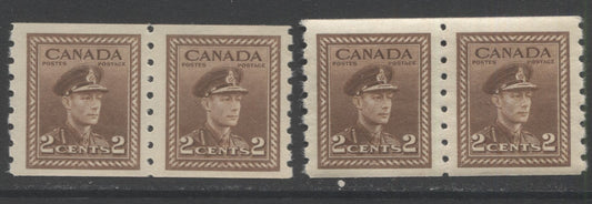 Lot 124 Canada #264 2c Brown King George VI, 1942-1943 War Issue Coils, 2 VFNH Coil Pairs On Horizontal Wove Paper, 2 Different Shades & Gums