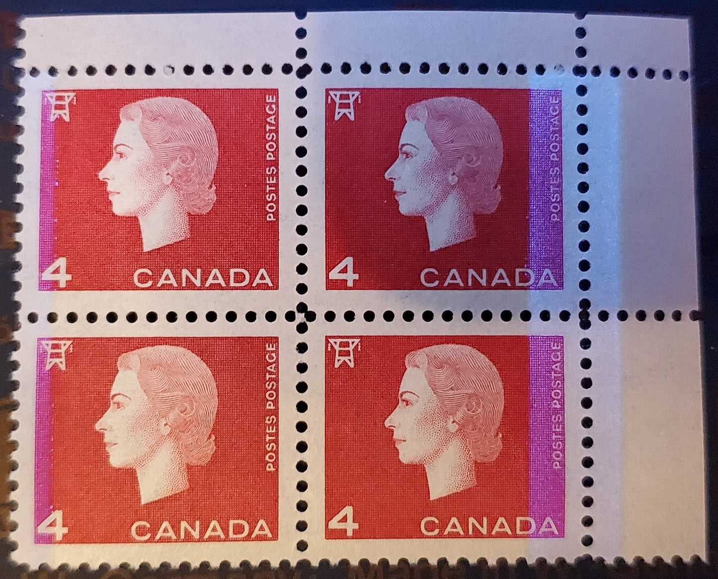 Canada #404vi 4c Carmine, 1962-1963 Queen Elizabeth - Cameo Issue, A VFNH Block Of 4 On DF Paper With 6x8mm Bars/Pane, Smooth Dex Gum And Bright Blue Tagging