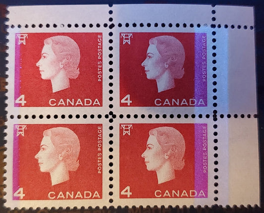 Canada #404vi 4c Carmine, 1962-1963 Queen Elizabeth - Cameo Issue, A VFNH Block Of 4 On DF Paper With 6x8mm Bars/Pane, Smooth Dex Gum And Bright Blue Tagging