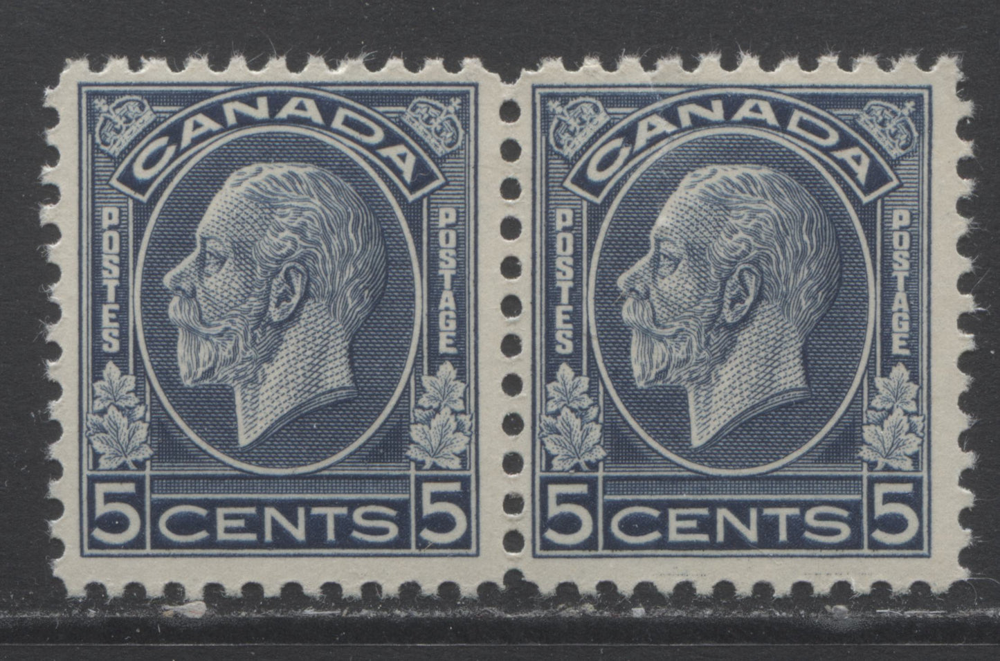 Lot 125 Canada #199iii 5c Dark Blue King George V, 1932 Medallion Issue, A Fine Appearing But Good OG Pair With A Retouched Re-entry, Pl 2 UL Pos 70