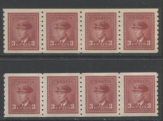 Lot 125 Canada #265 3c Dark Carmine King George VI, 1942-1943 War Issue Coils, 2 VFNH Coil Strips Of 4 On Vertical & Horizontal Wove Papers With Cream Gum