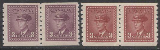 Lot 126 Canada #265, 266 3c Dark Carmine & Rose Violet King George VI, 1942-1943 War Issue Coils, 2 Fine And Very Fine LH & NH Coil Pairs On Horizontal Wove Paper With Cream Gum