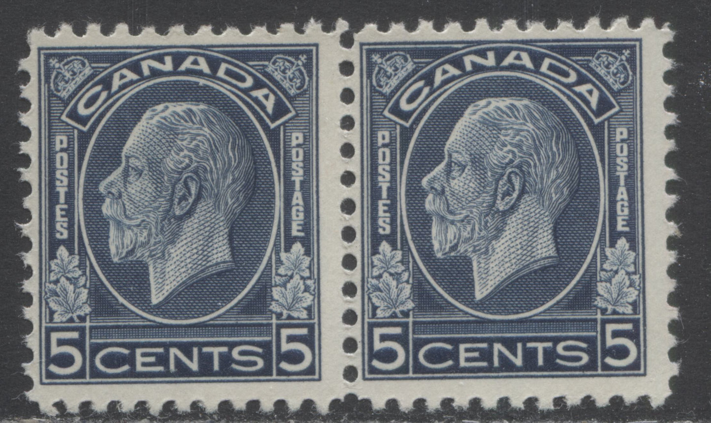 Lot 126 Canada #199iv 5c Dark Blue King George V, 1932 Medallion Issue, A FOG Pair With A Re-touched Bluenose Entry, Pl 2 UL Pos 79