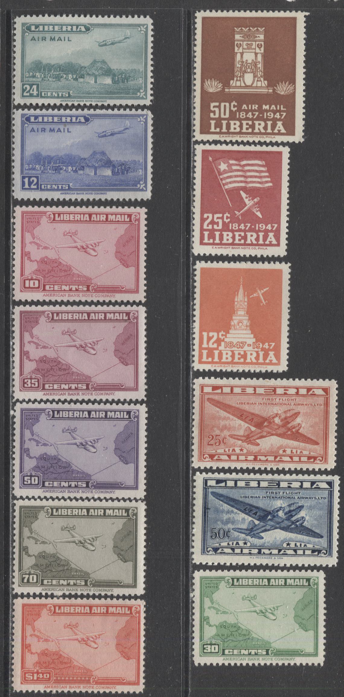 Lot 127 Liberia SC#C37-C447 1942-1947 Airmails, A VFNH & OG Range Of Singles, 2017 Scott Cat. $6.95 USD, Click on Listing to See ALL Pictures