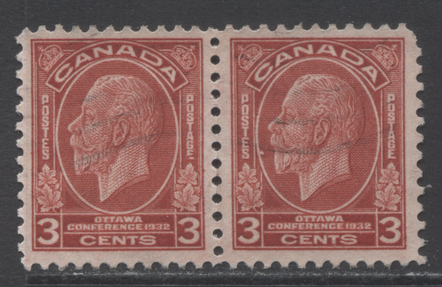 Lot 128 Canada #192i 3c Deep Red King George V, 1932 Imperial Economic Conference Issue, A Very Fine Used Pair Showing The Broken E Variety, From Plate 2 LR Position 87