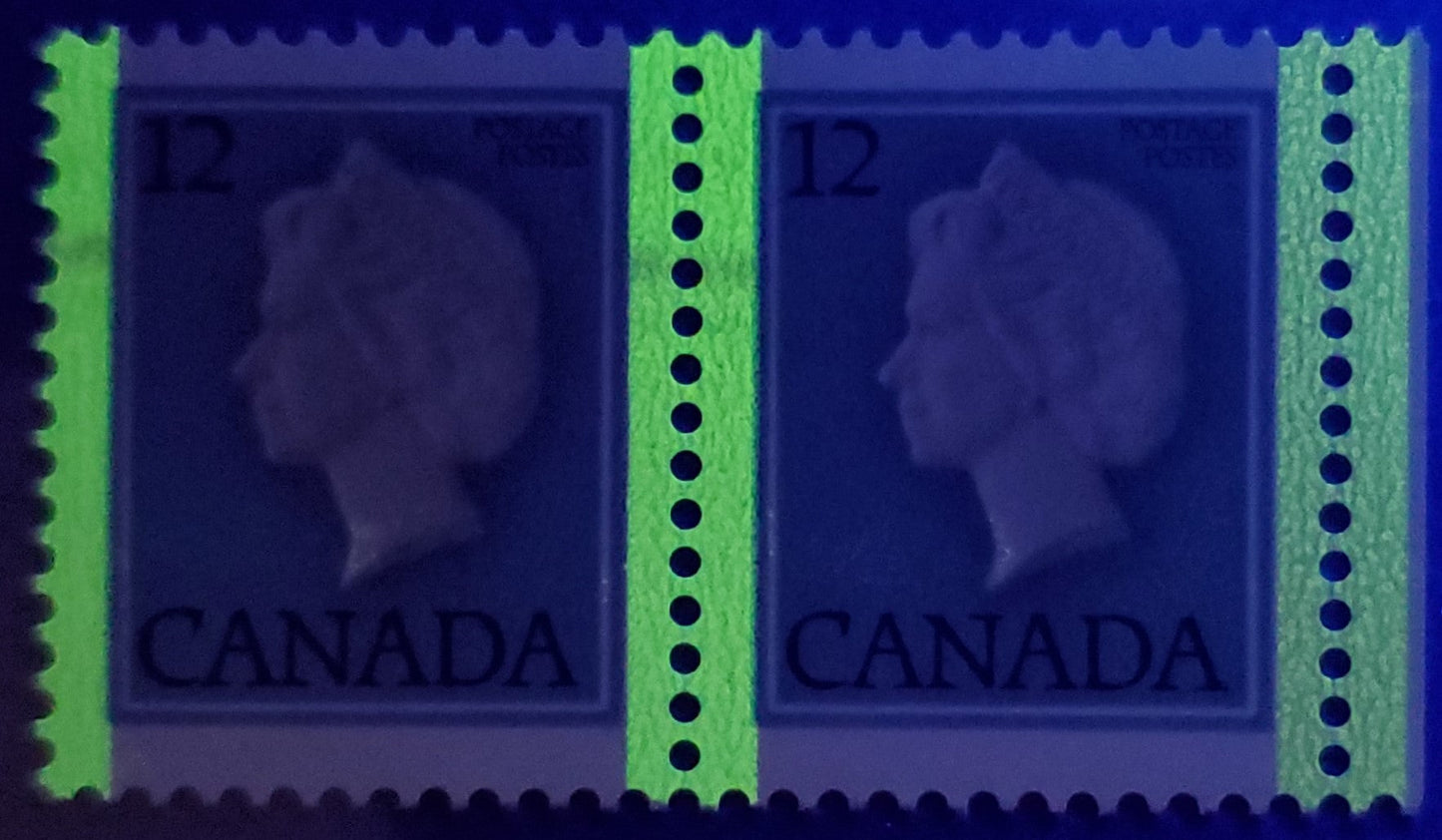 Lot 128 Canada 713var 12c Light Blue, Grey and Dark Purple Queen Elizabeth II, 1977-1982 Floral Issue, A VFNH Pair on DF/DF-fl Paper Showing Weaker Tag Bar at Right