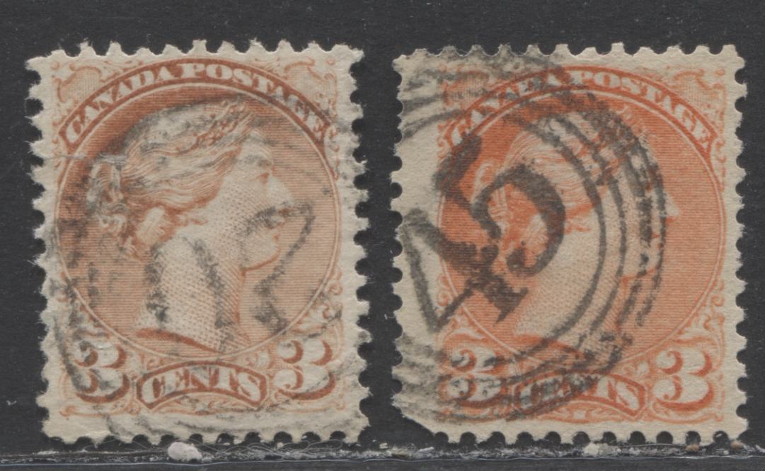 Lot 129 Canada #37b, 41 3c Copper Red and Vermilion Queen Victoria, 1870-1897 Small Queen Issue, Two VG and Good Used Examples, Soft Horizontal Wove Paper, With Rare Melbourne #20 and Stanstead #45 Four Ring Numeral Cancels