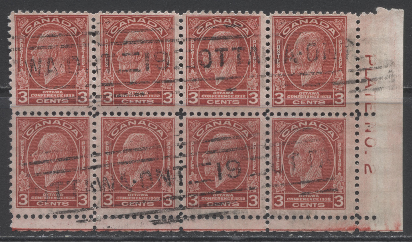 Lot 129 Canada #192i 3c Deep Red King George V, 1932 Imperial Economic Conference Issue, A Fine Used LR Plate 2 Block Of 8 Showing The Broken E Variety