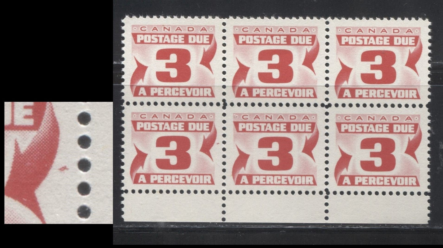 Lot 12 Canada #J23-i 3c Carmine Red 1967 1st Centennial Postage Due Issue, A VFNH Bottom Margin Inscription Block Of 6 On DF Grayish White Paper With Smooth Dex Gum, Perf 12, Burr To Right Of Arrow On LR Stamp