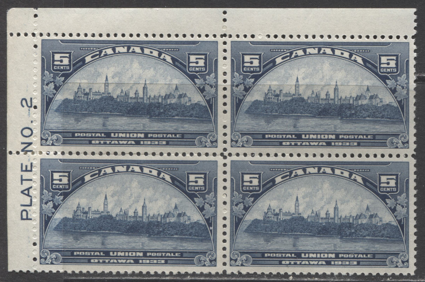 Lot 130 Canada #202 5c Dark Blue Parliament Building, 1933 UPU Meeting Issue, A VFOG UL Plate 2 Block Of 4