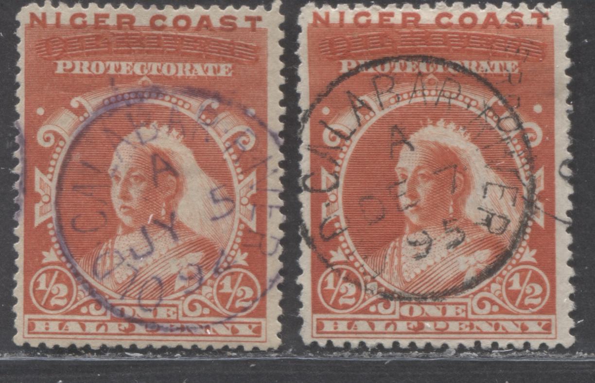 Lot 130 Niger Coast SC#37 (SG#45, 45a) One Halfpenny Vermillon 1893 Obliterated Oil Rivers Issue, Perf 13.5 - 14, 14.5 - 15. , A Fine - Very Fine Used Example, Click on Listing to See ALL Pictures, 2022 Scott Classic Cat. $22 USD