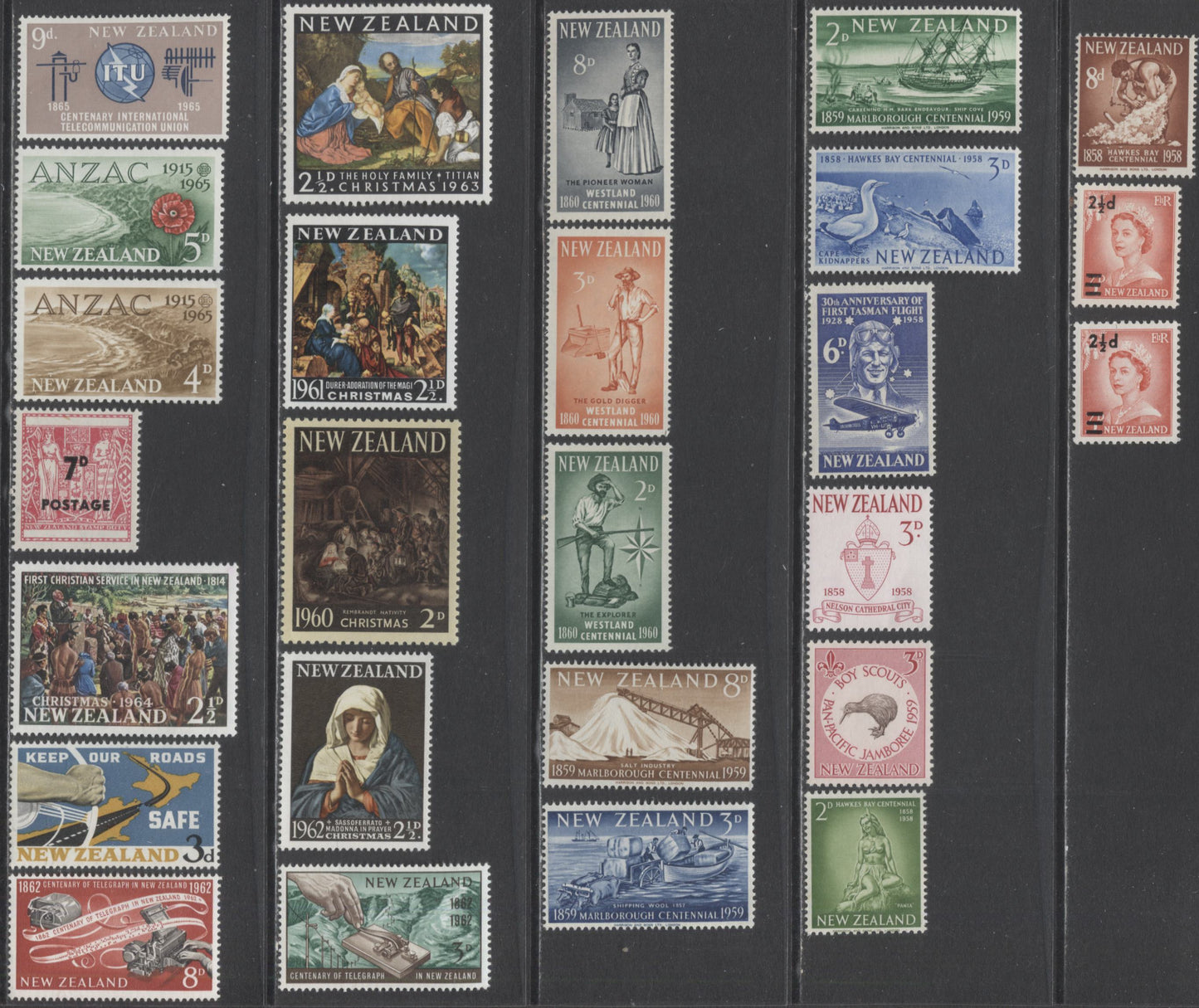 Lot 130 New Zealand SC#321/370 1958-1965 Definitives & Commemoratives, A VFNH Range Of Singles, 2017 Scott Cat. $11.15 USD, Click on Listing to See ALL Pictures